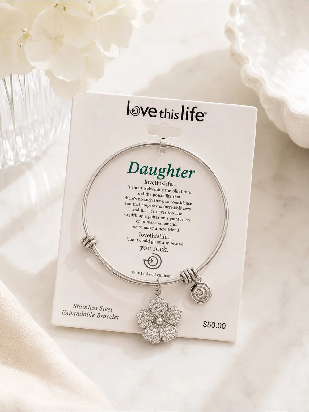 Love This Life Daughter Silver Expandable Charm Bracelet Crystal Flower Gift NWT